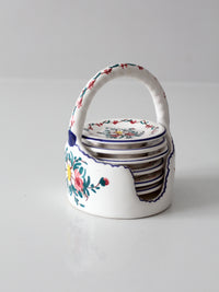 vintage Crespo Spanish pottery coaster set with basket holder