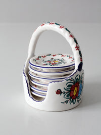 vintage Crespo Spanish pottery coaster set with basket holder