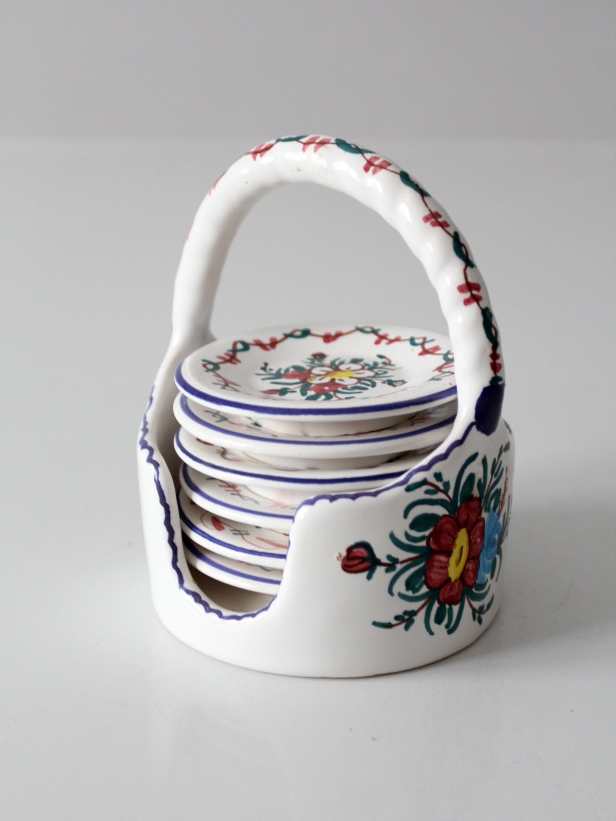 vintage Crespo Spanish pottery coaster set with basket holder