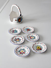 vintage Crespo Spanish pottery coaster set with basket holder