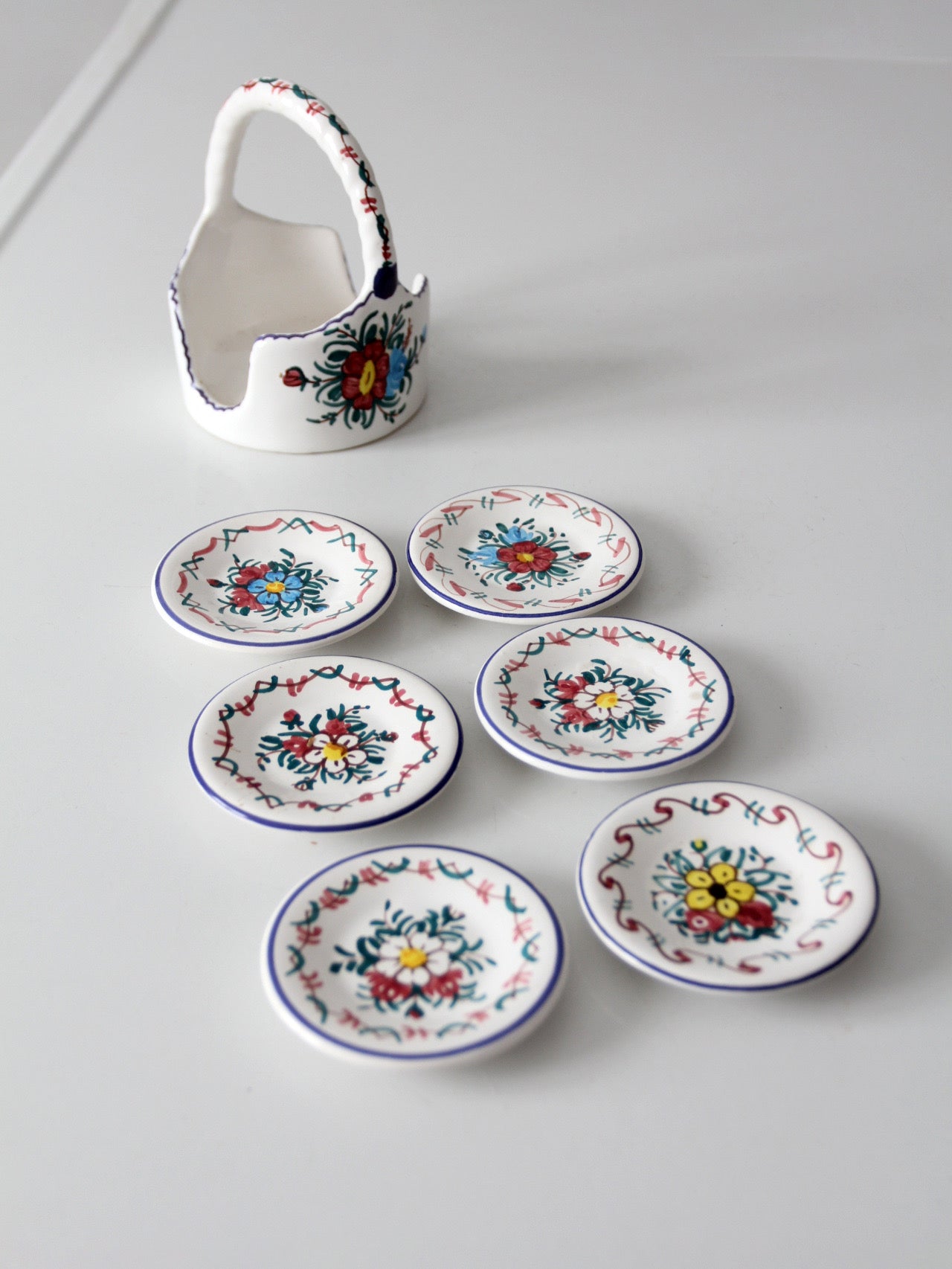 vintage Crespo Spanish pottery coaster set with basket holder
