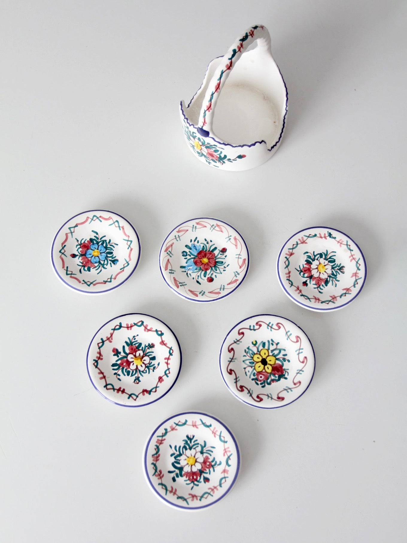 vintage Crespo Spanish pottery coaster set with basket holder