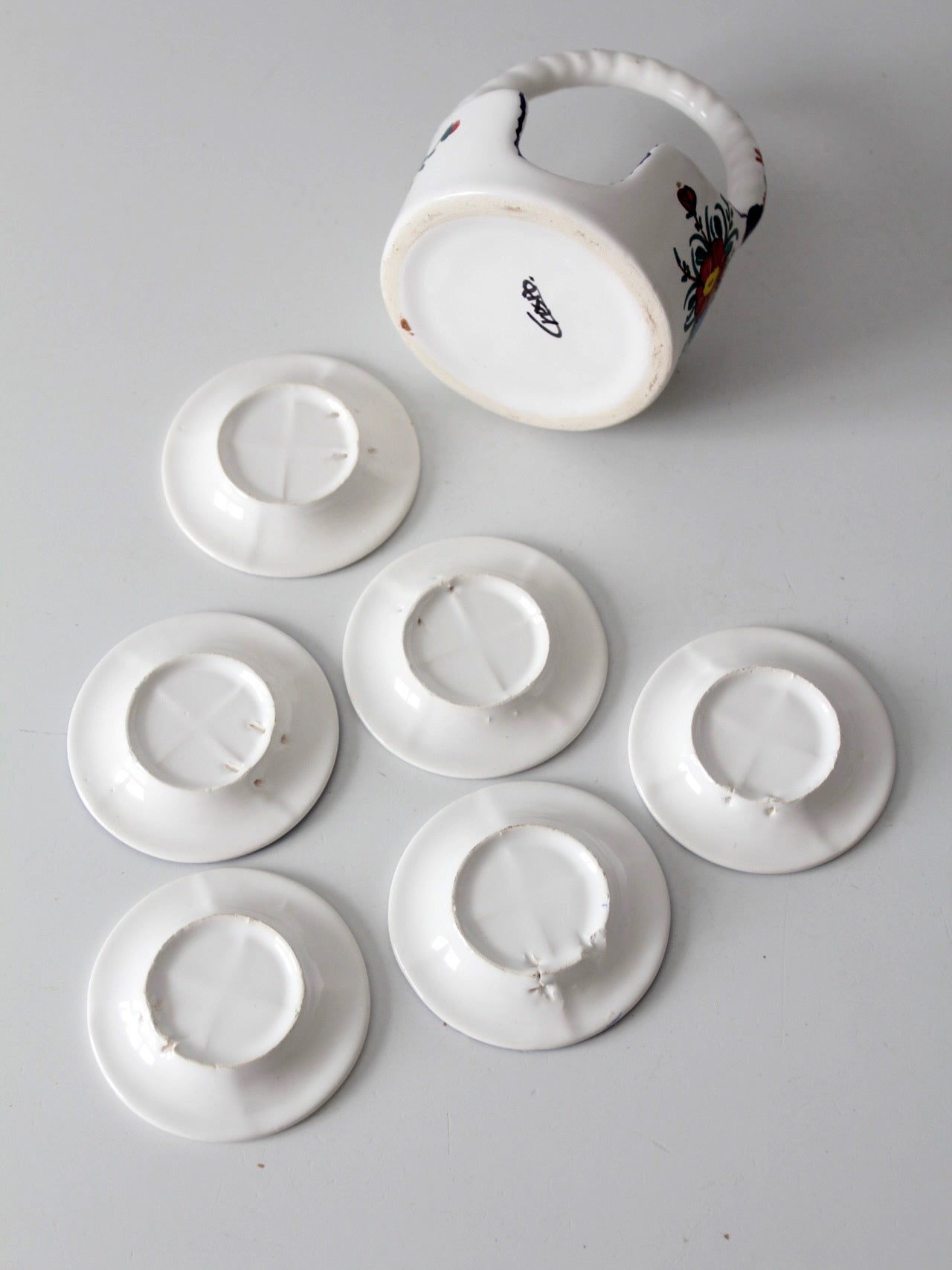 vintage Crespo Spanish pottery coaster set with basket holder