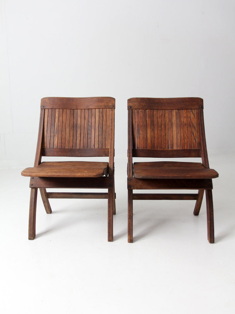 mid-century slat wood folding chairs pair