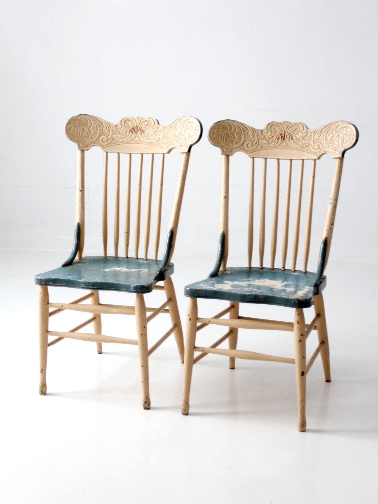pair of antique folk art painted farmhouse chairs