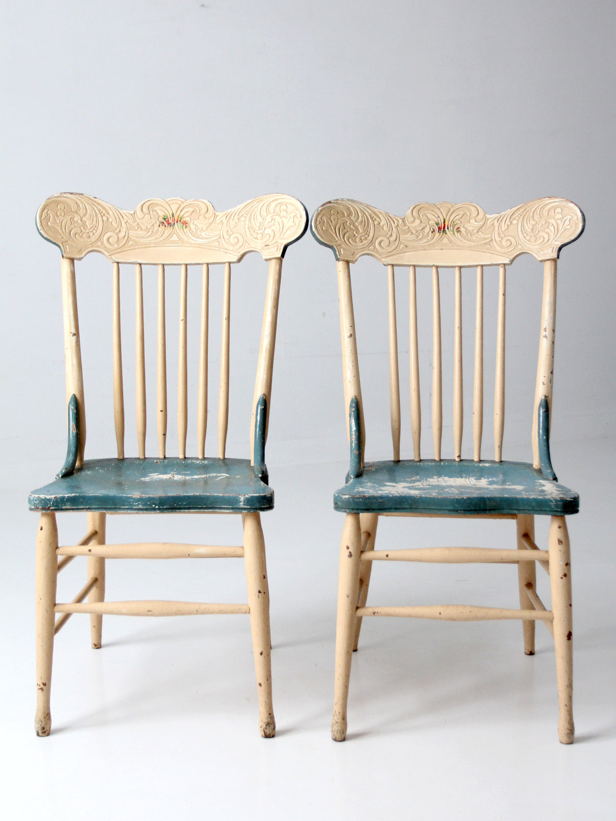pair of antique folk art painted farmhouse chairs