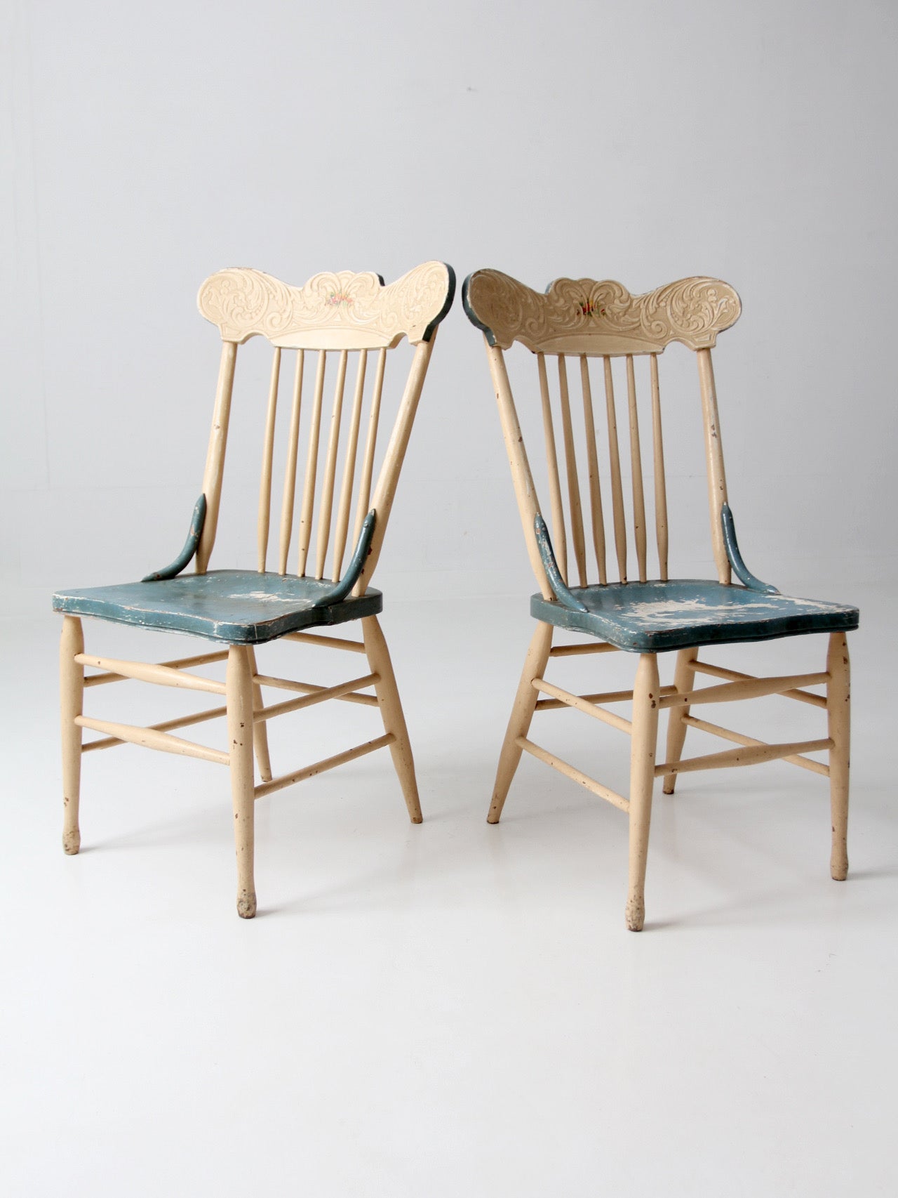 pair of antique folk art painted farmhouse chairs