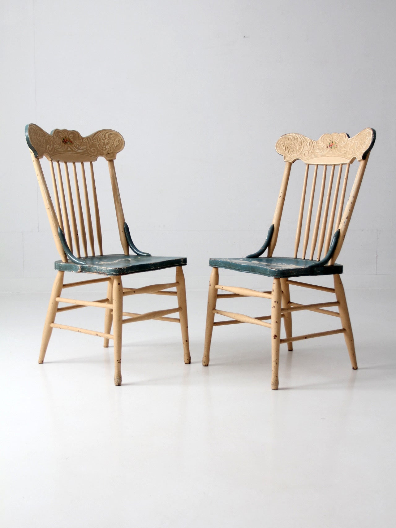pair of antique folk art painted farmhouse chairs