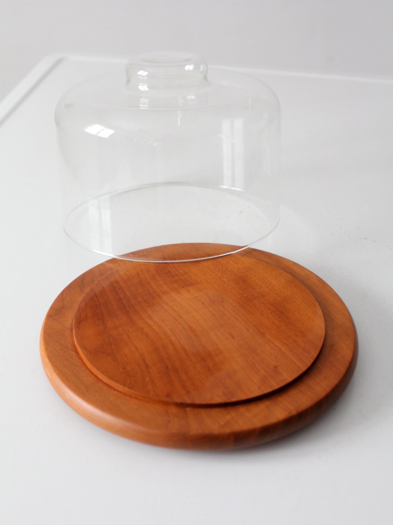 mid-century teak cheese board with glass dome