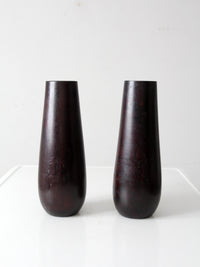 vintage wooden vases with glass inserts pair