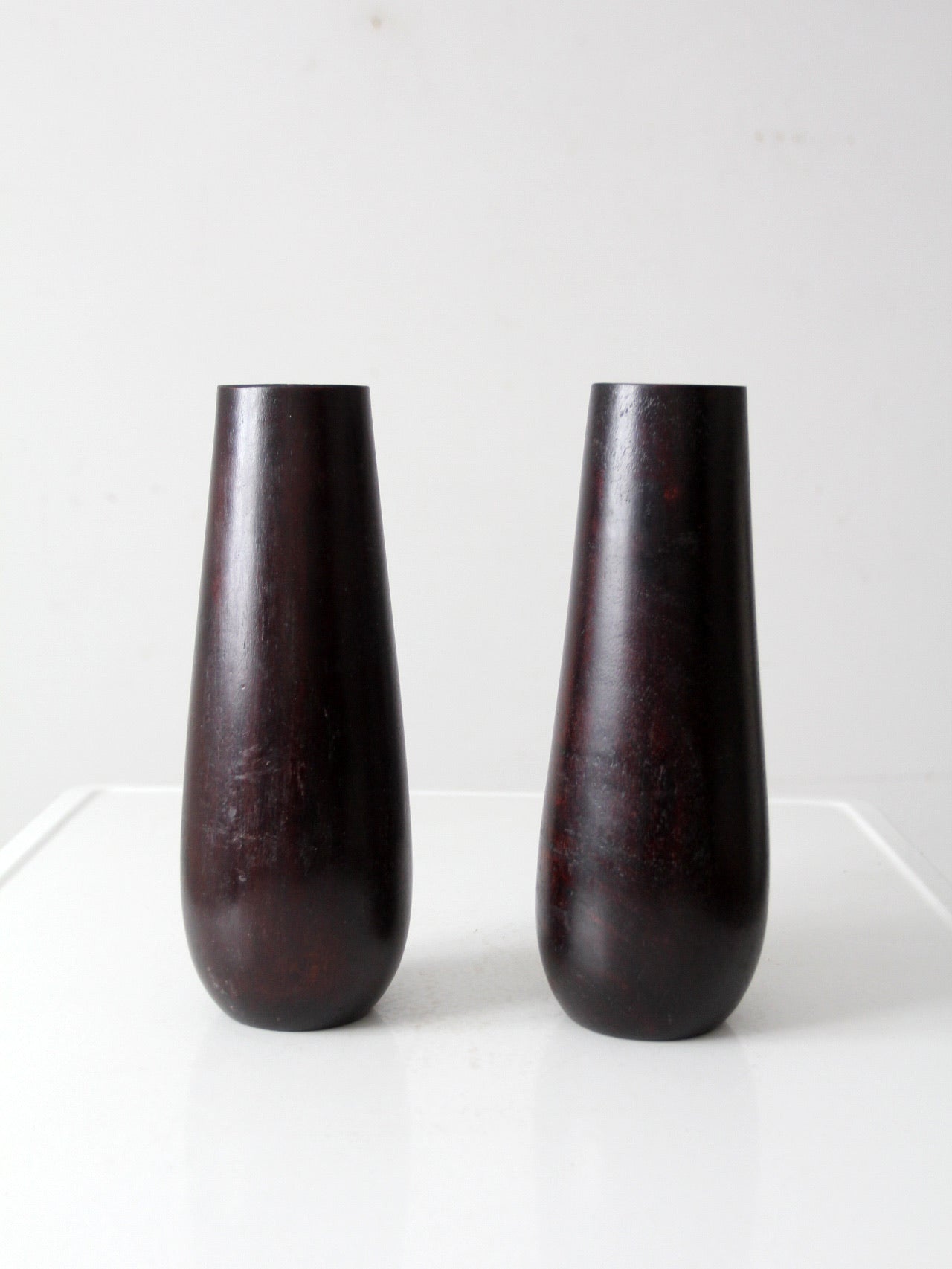 vintage wooden vases with glass inserts pair