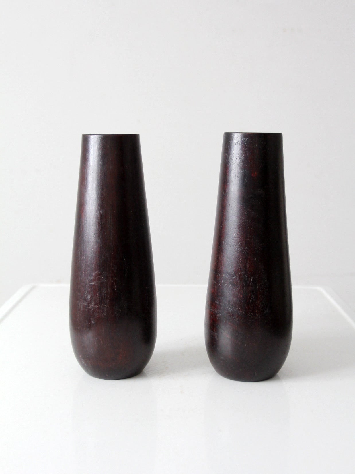 vintage wooden vases with glass inserts pair