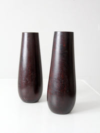 vintage wooden vases with glass inserts pair