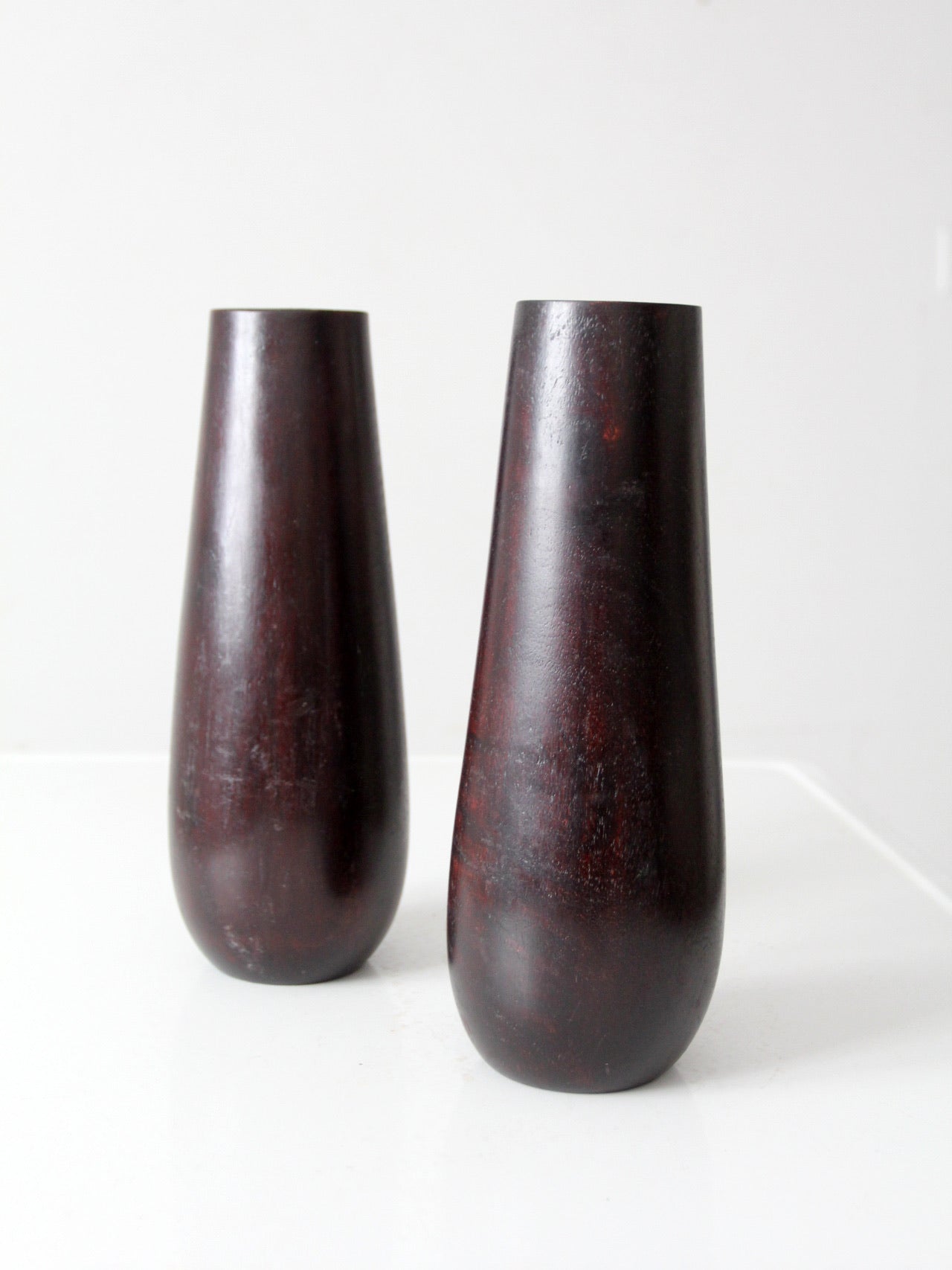vintage wooden vases with glass inserts pair