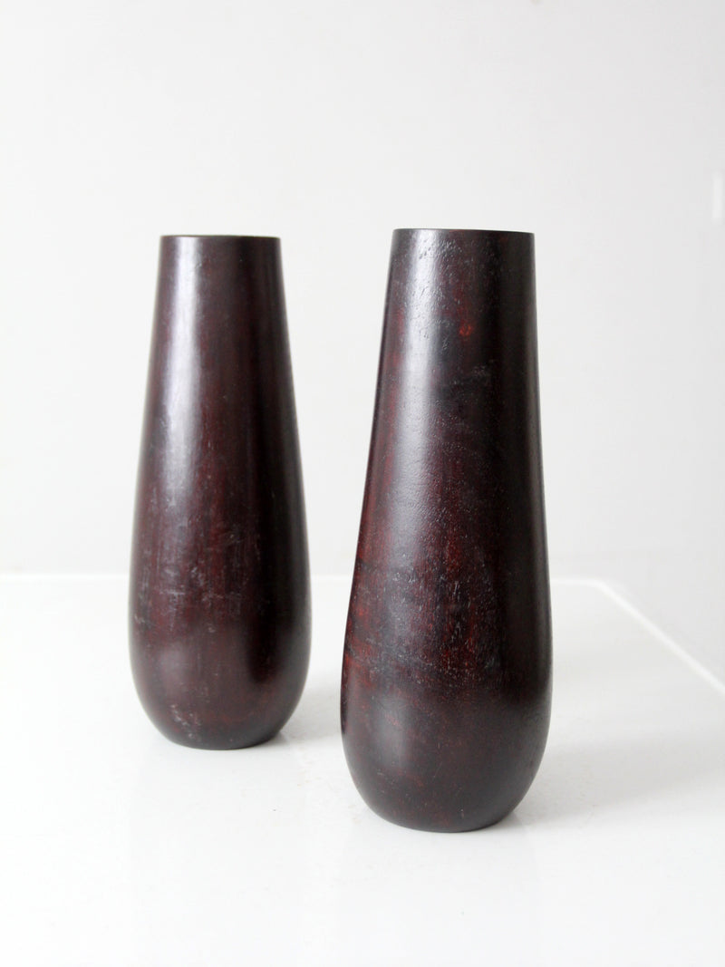 vintage wooden vases with glass inserts pair