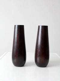 vintage wooden vases with glass inserts pair