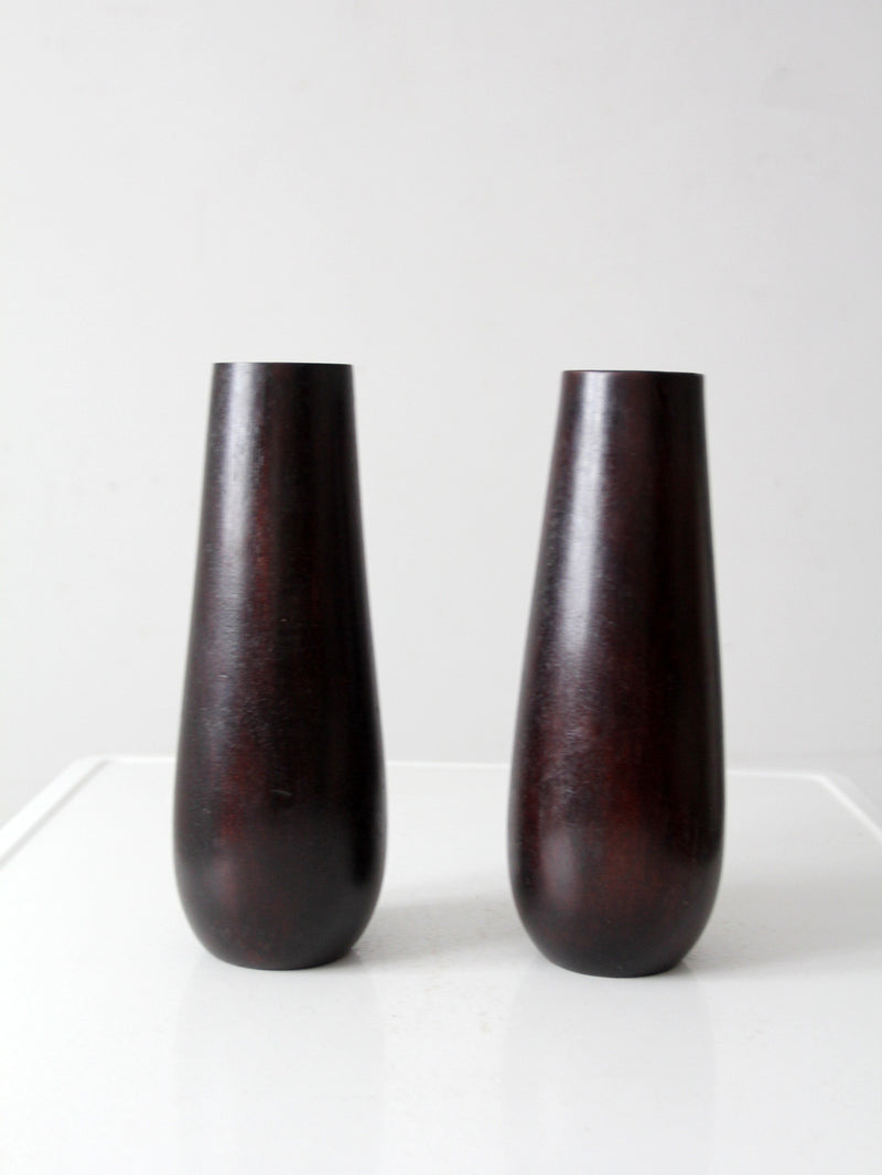 vintage wooden vases with glass inserts pair