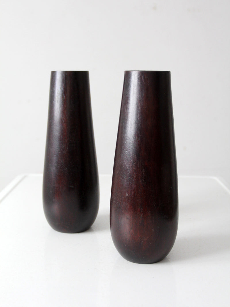 vintage wooden vases with glass inserts pair