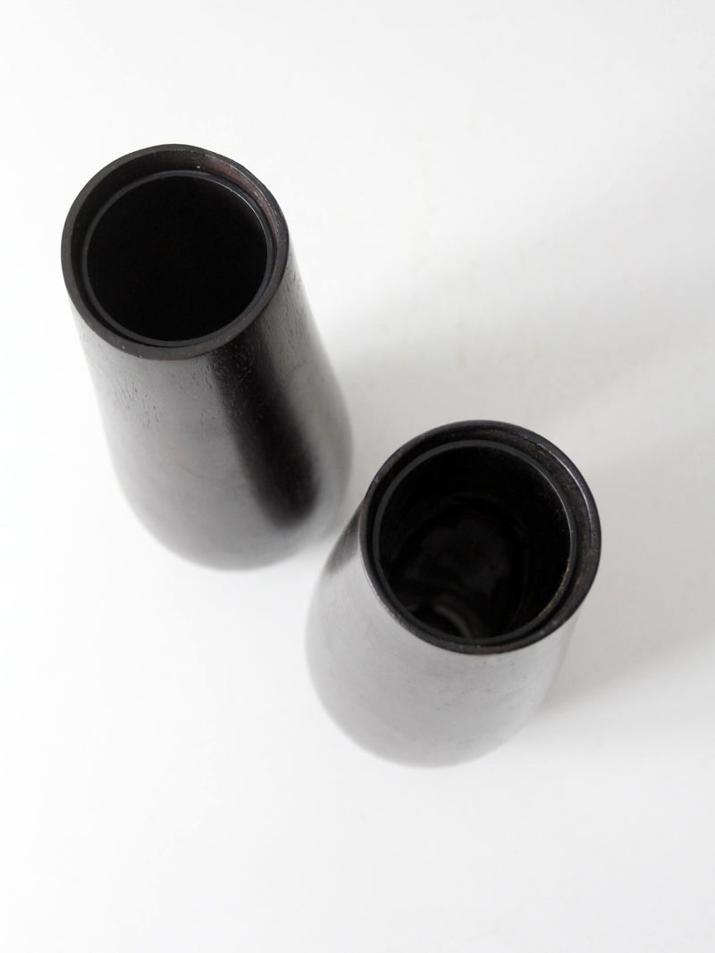 vintage wooden vases with glass inserts pair