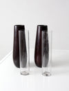 vintage wooden vases with glass inserts pair