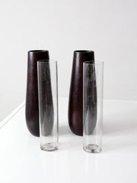 vintage wooden vases with glass inserts pair