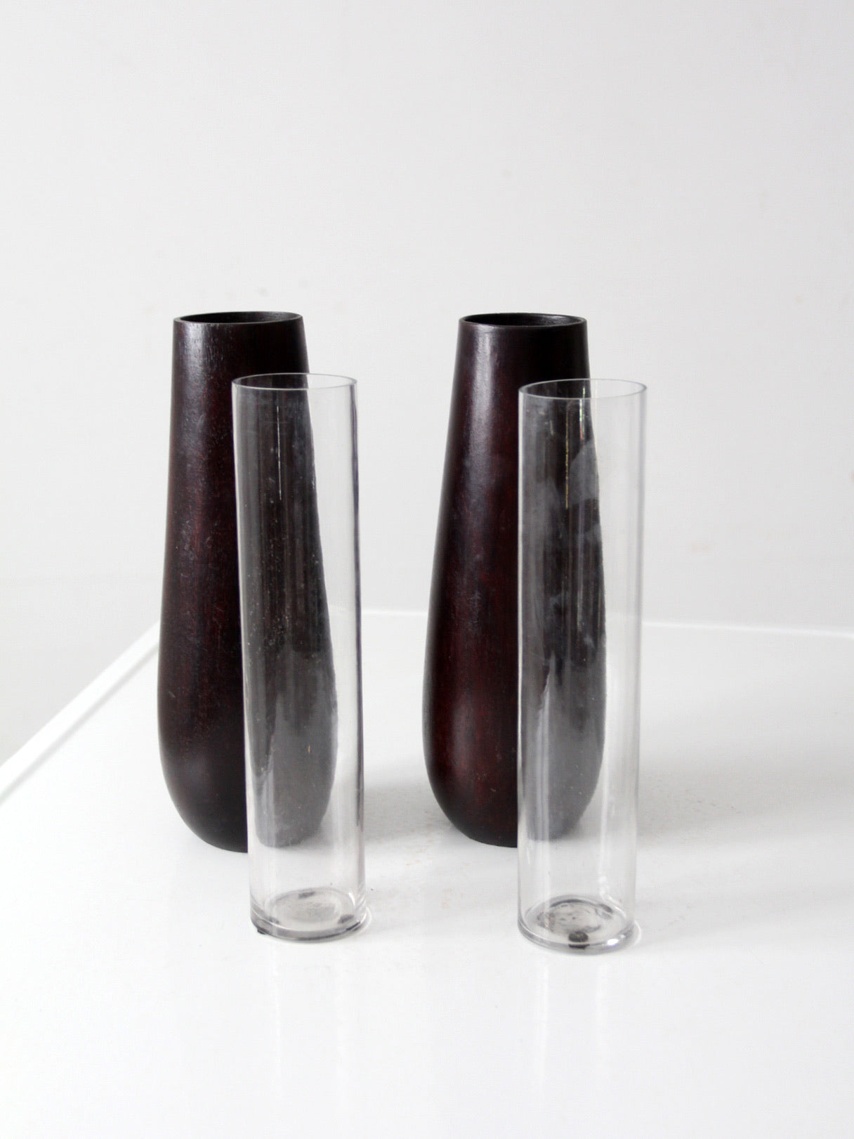 vintage wooden vases with glass inserts pair