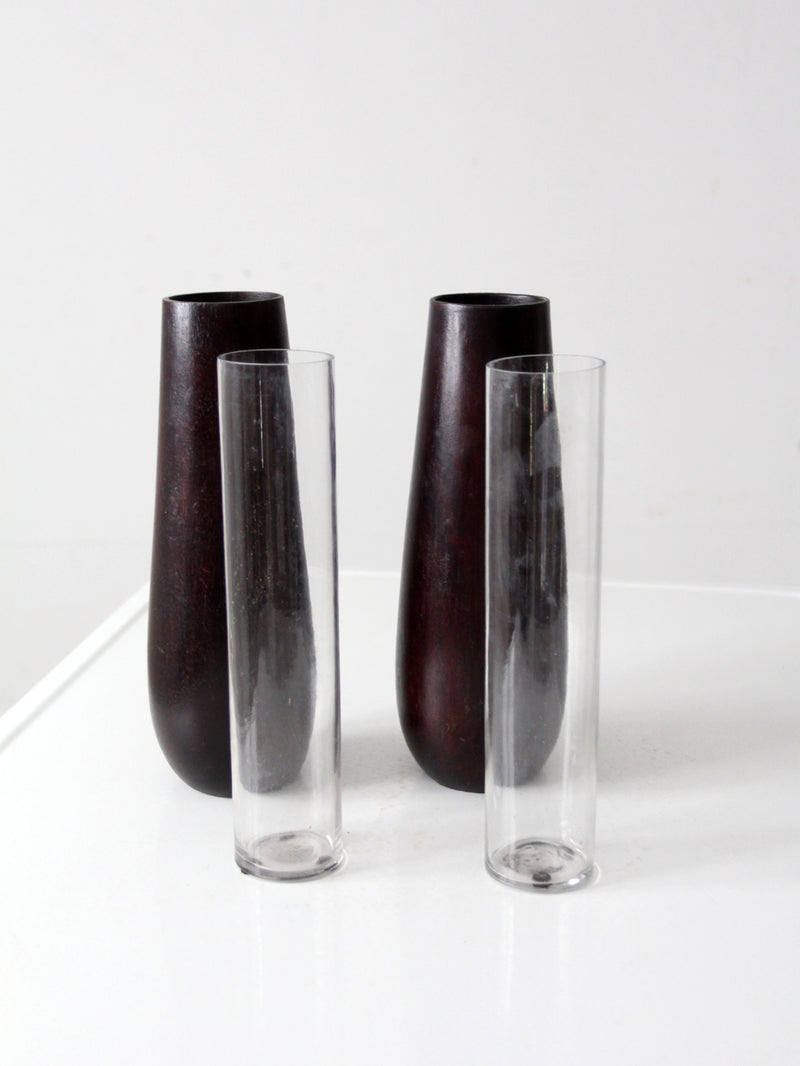 vintage wooden vases with glass inserts pair