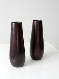 vintage wooden vases with glass inserts pair