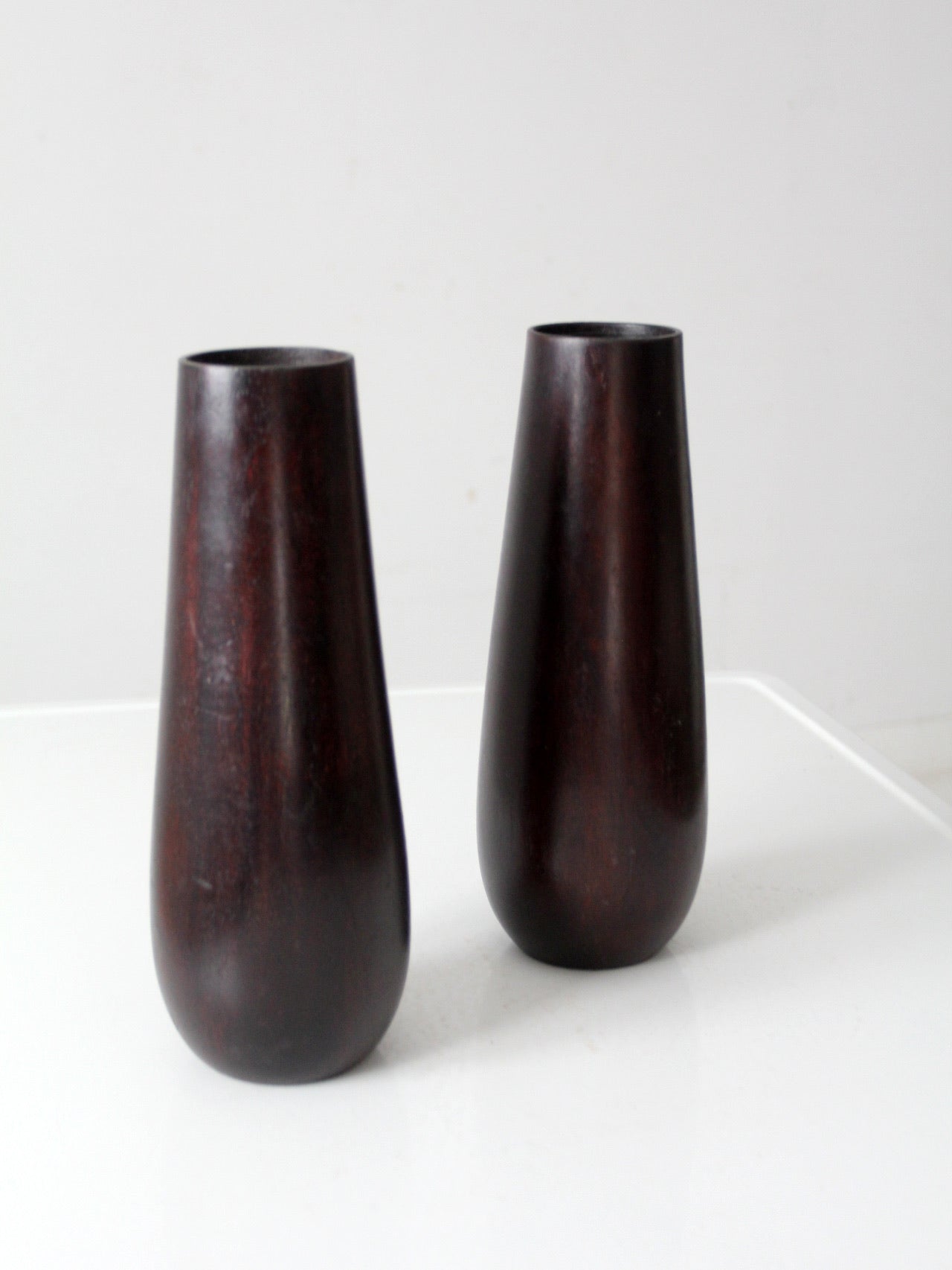 vintage wooden vases with glass inserts pair