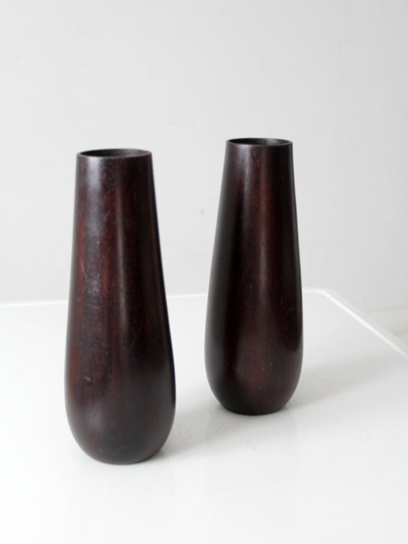 vintage wooden vases with glass inserts pair