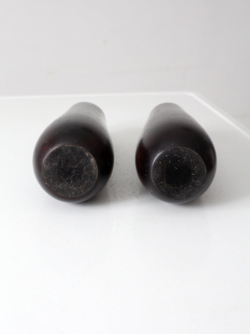 vintage wooden vases with glass inserts pair