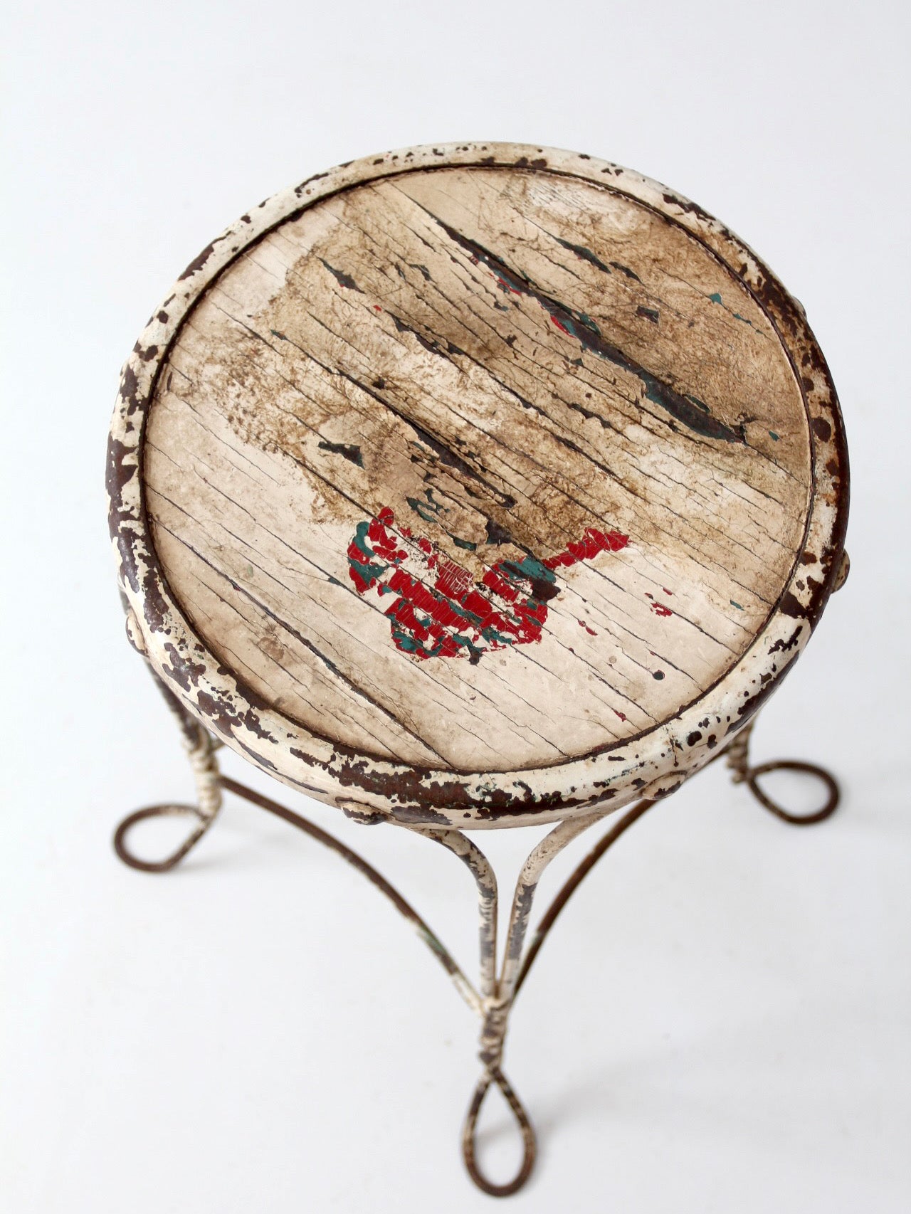 vintage twisted metal garden stool with wood top