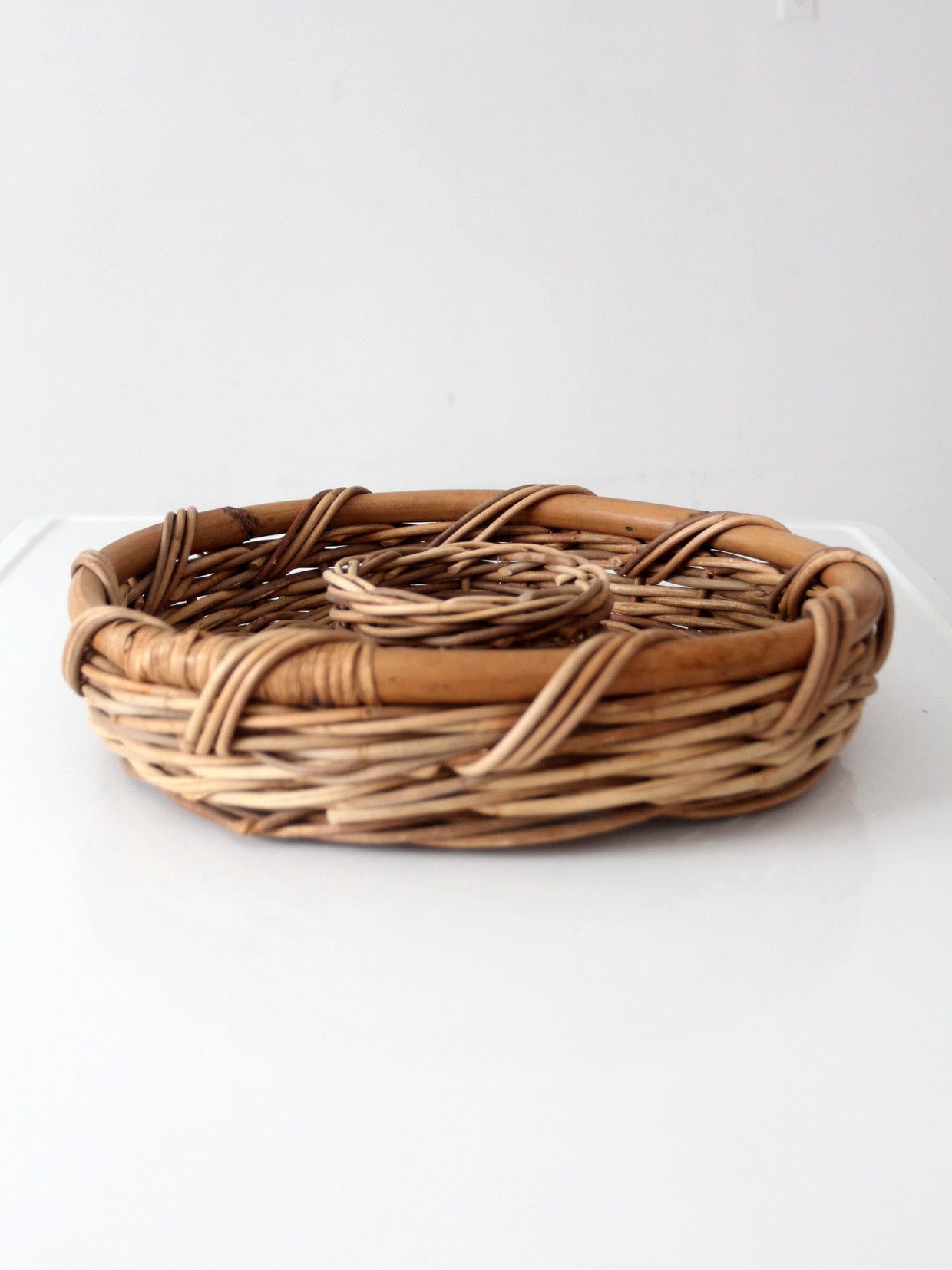 vintage 1970s wicker & rattan chip and dip serving basket