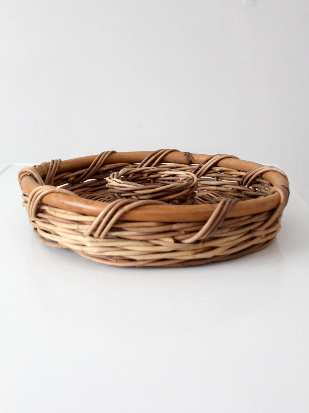 vintage 1970s wicker & rattan chip and dip serving basket