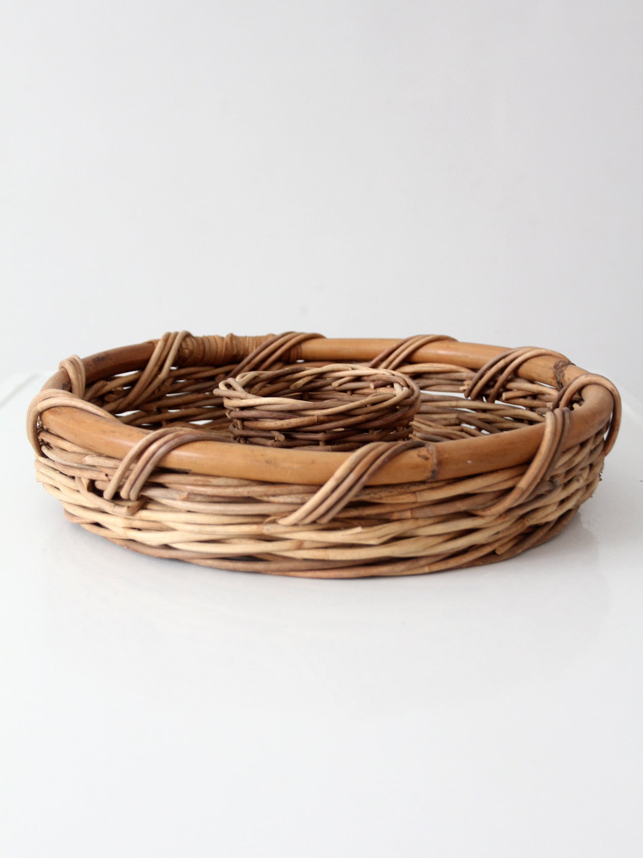 vintage 1970s wicker & rattan chip and dip serving basket