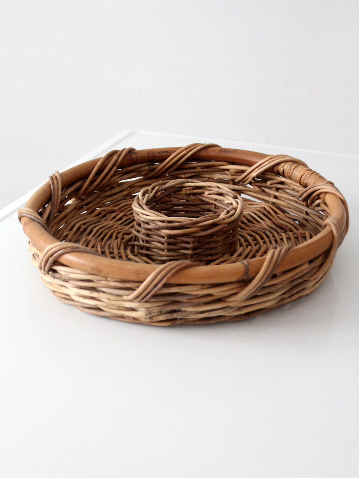 vintage 1970s wicker & rattan chip and dip serving basket