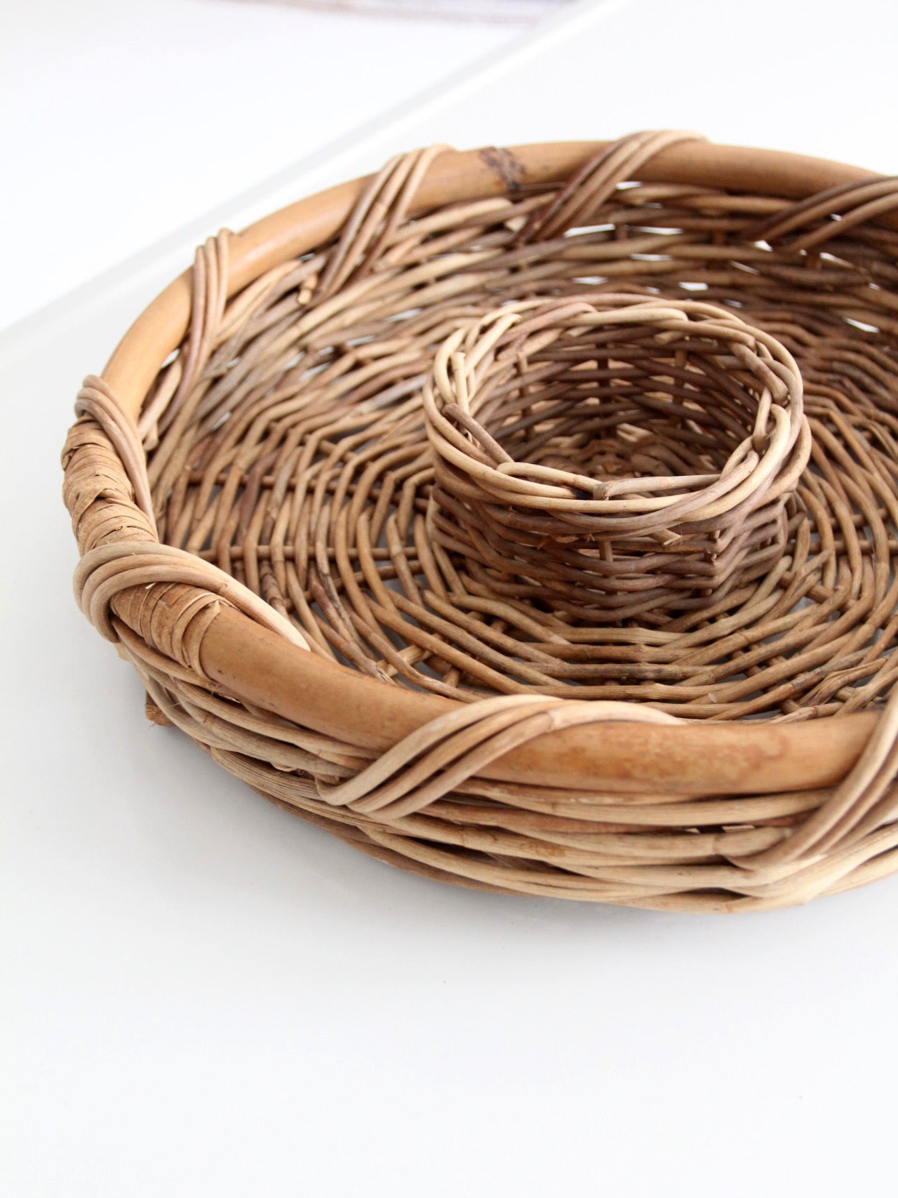 vintage 1970s wicker & rattan chip and dip serving basket
