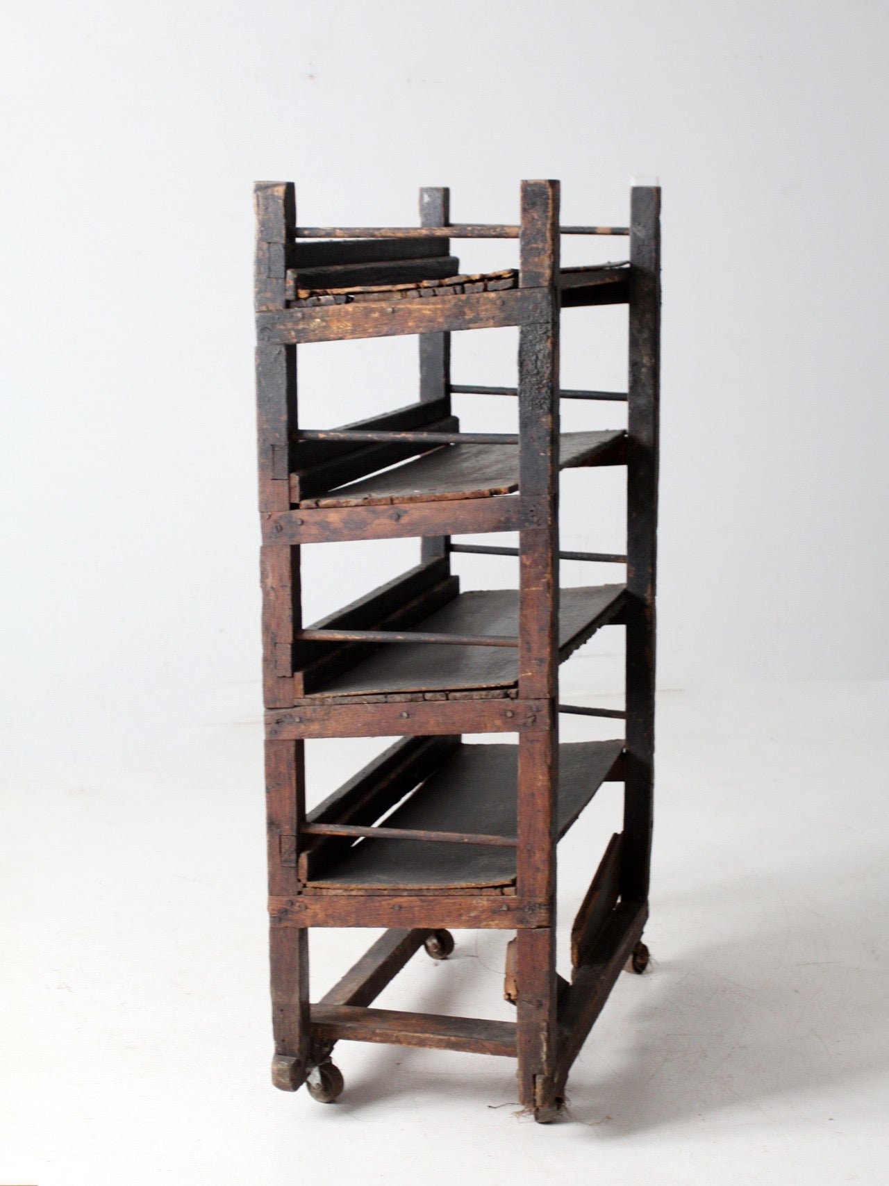 antique industrial wood factory rack