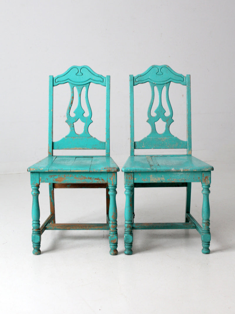 vintage turquoise wooden dining room chairs pair