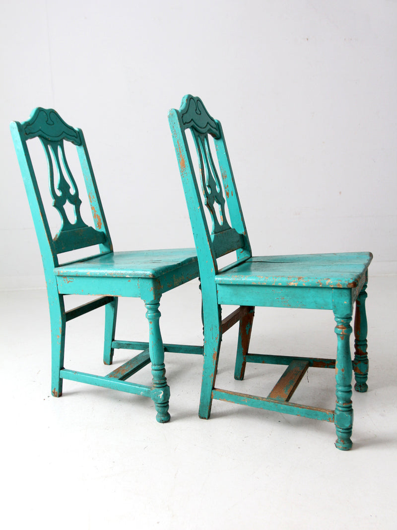 vintage turquoise wooden dining room chairs pair