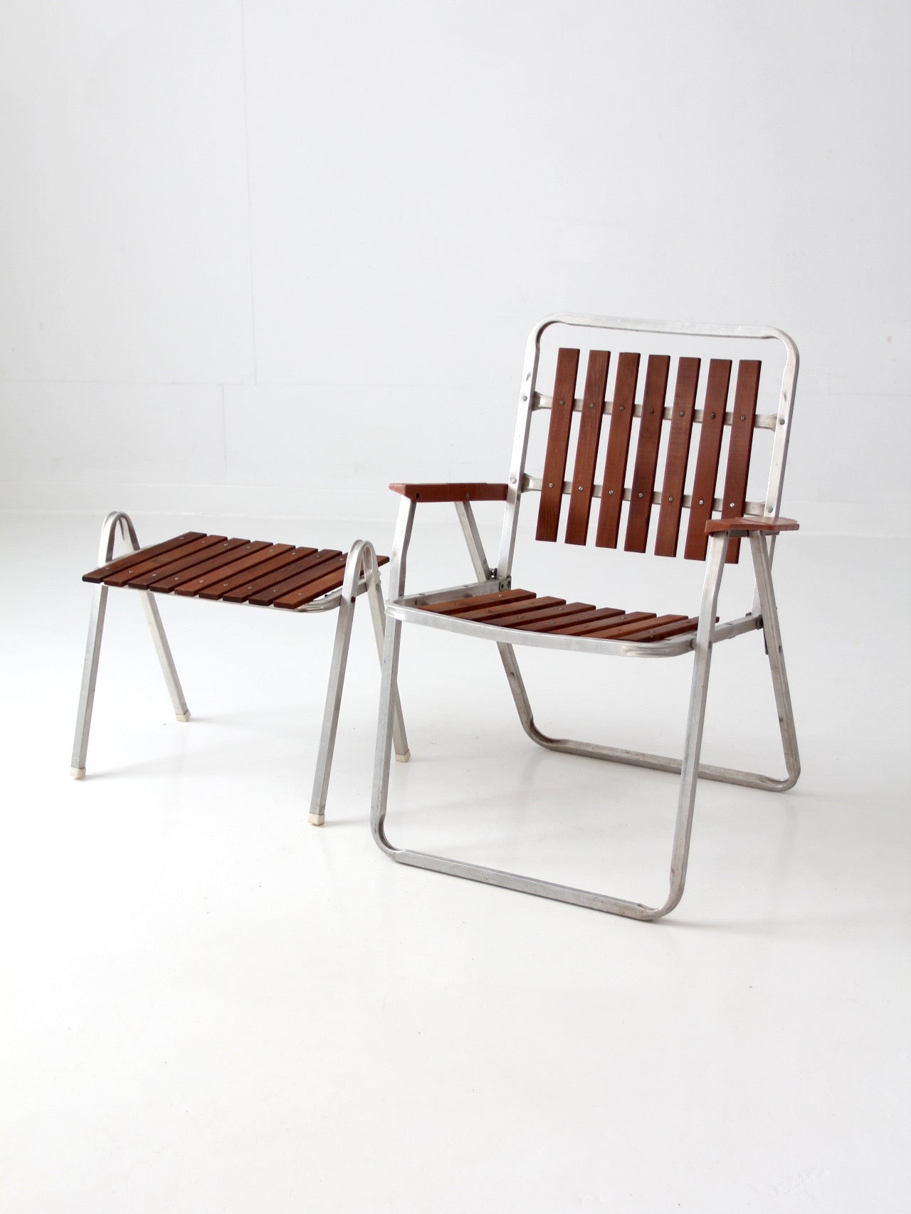 mid-century aluminum & wood slat chair and side table set