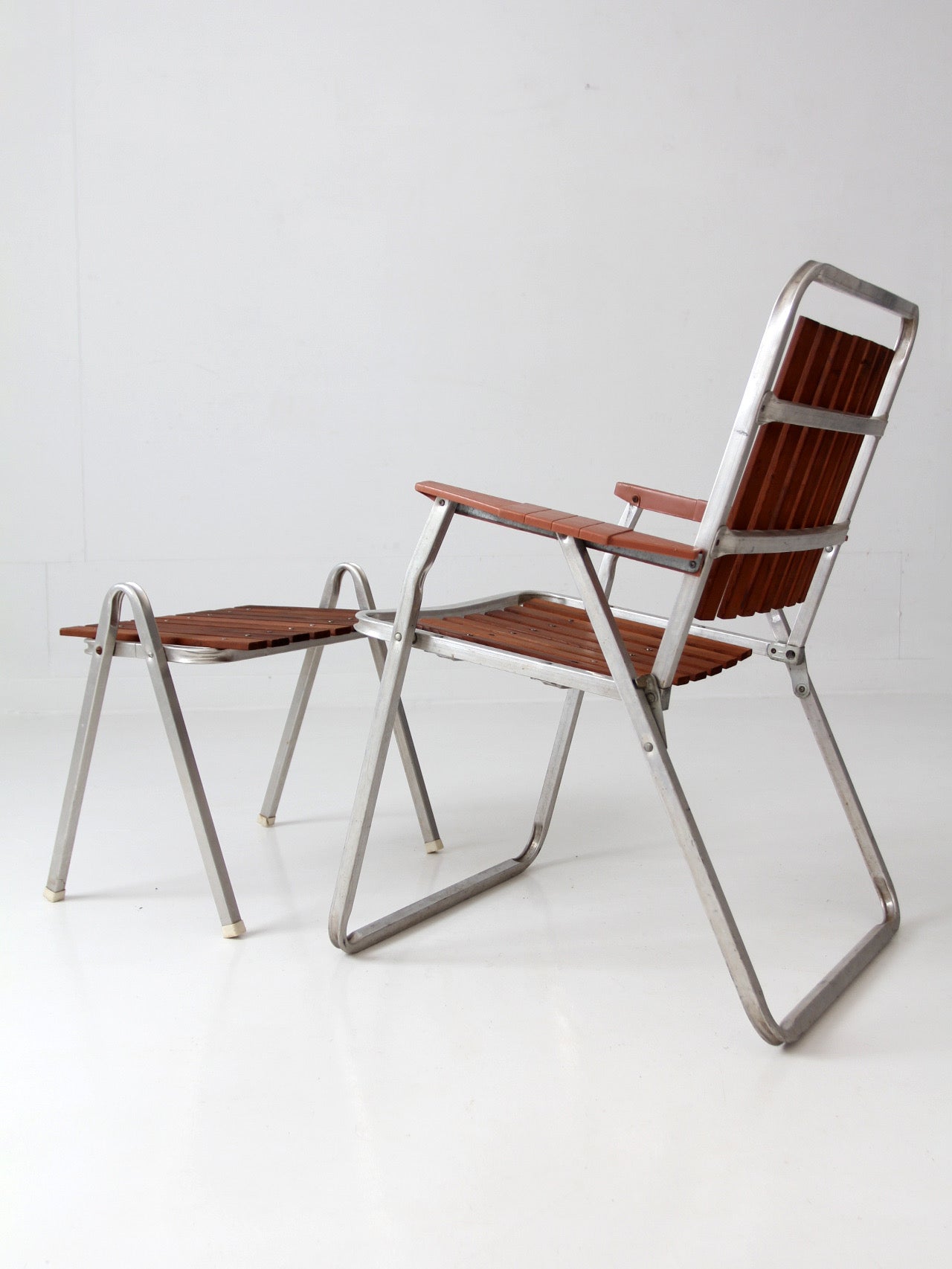 mid-century aluminum & wood slat chair and side table set