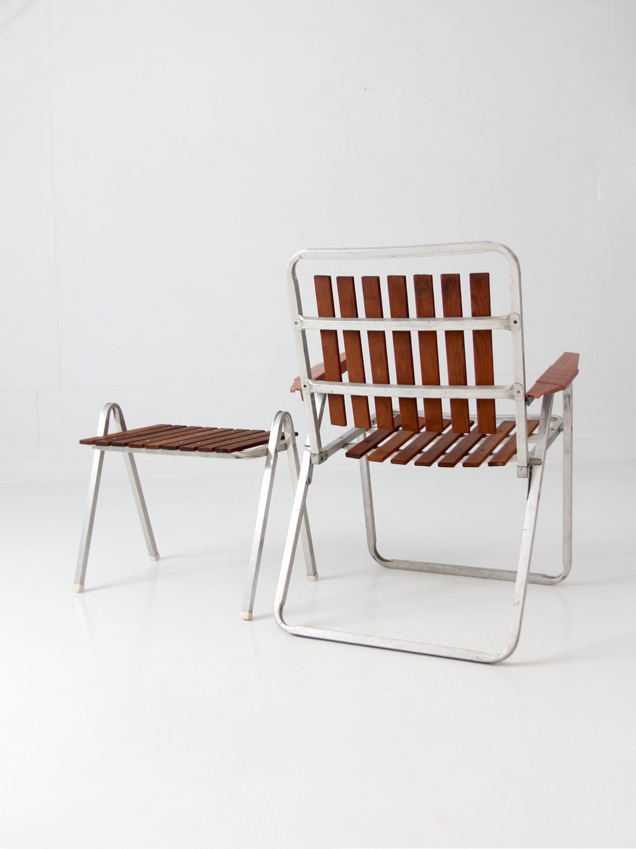 mid-century aluminum & wood slat chair and side table set