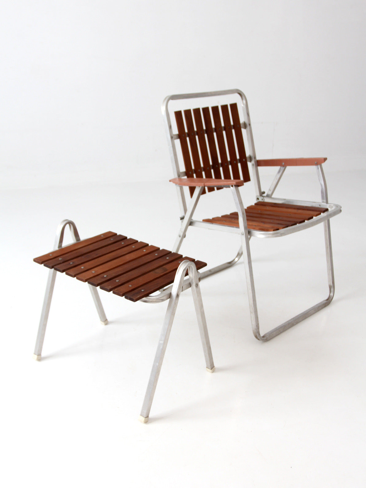 mid-century aluminum & wood slat chair and side table set