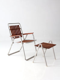 mid-century aluminum & wood slat chair and side table set