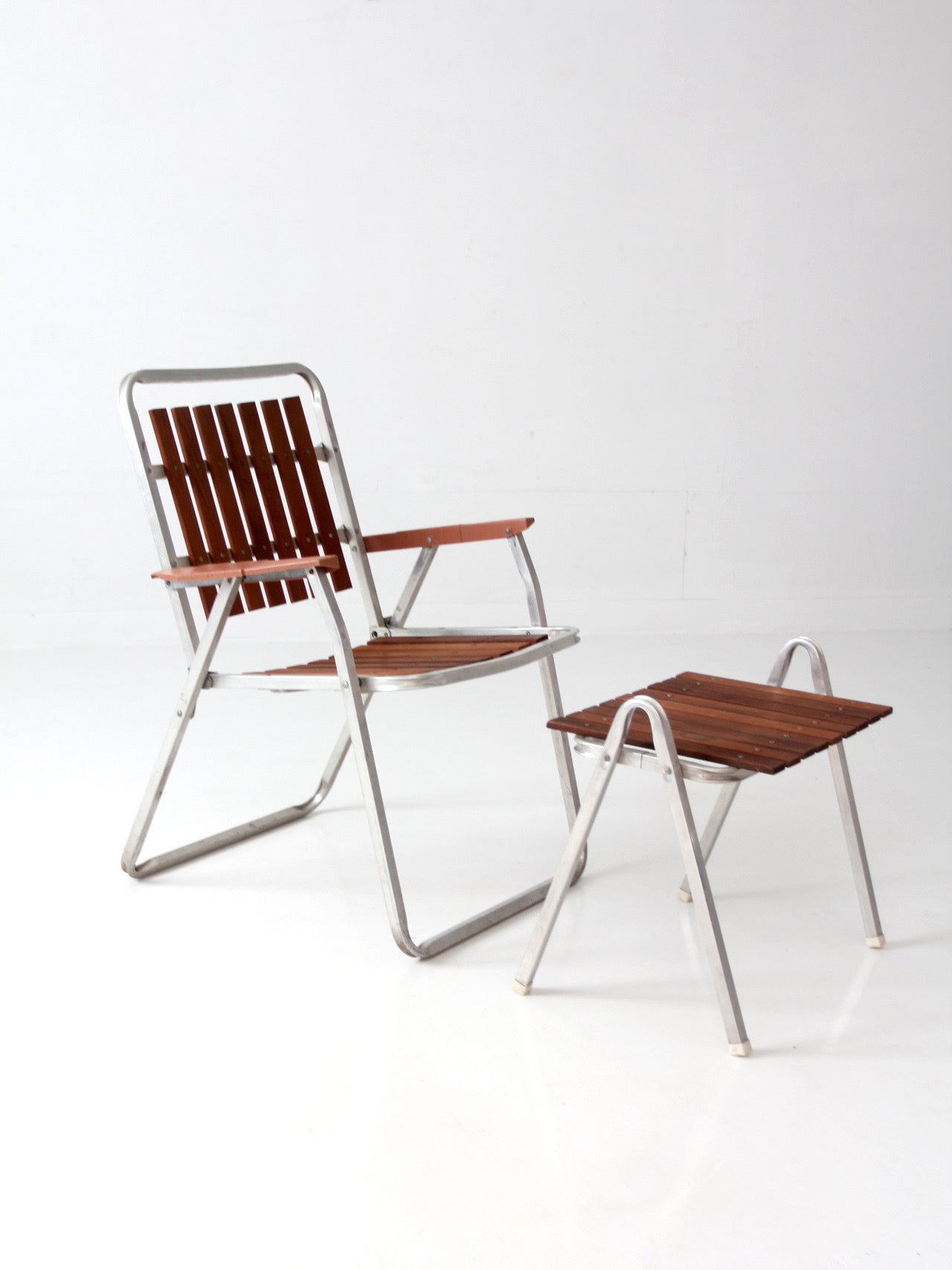 mid-century aluminum & wood slat chair and side table set