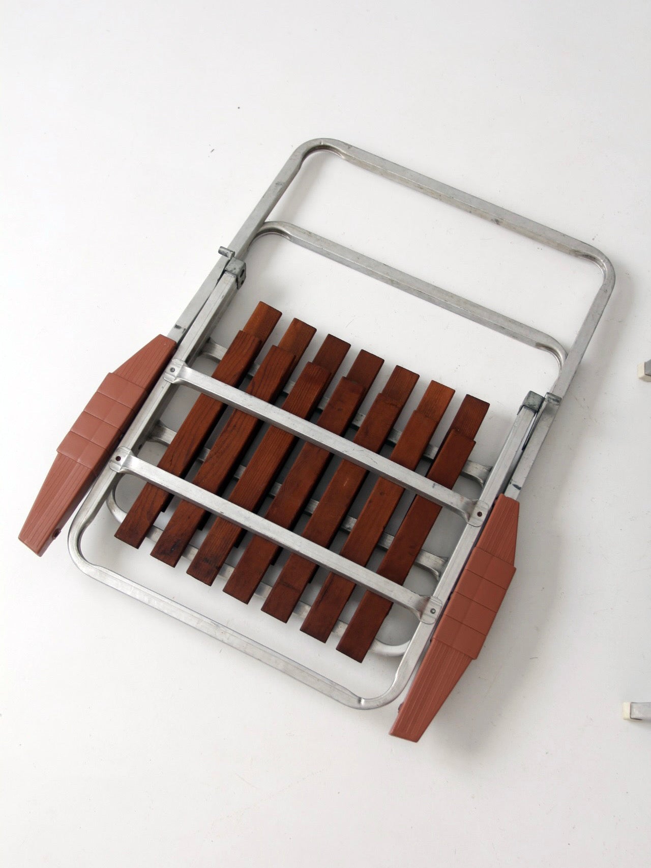 mid-century aluminum & wood slat chair and side table set