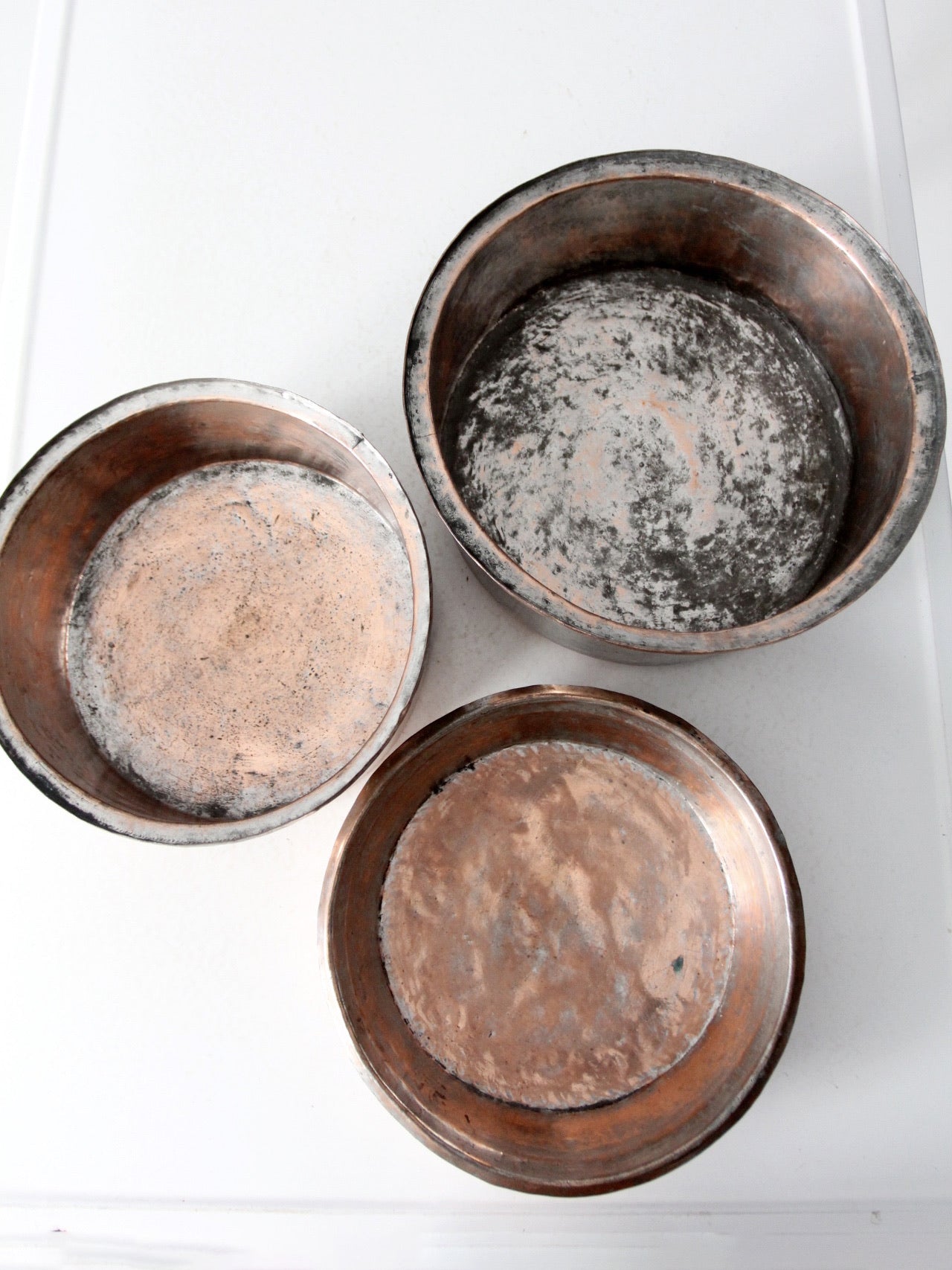 set of 3 antique hand-hammered copper bowls