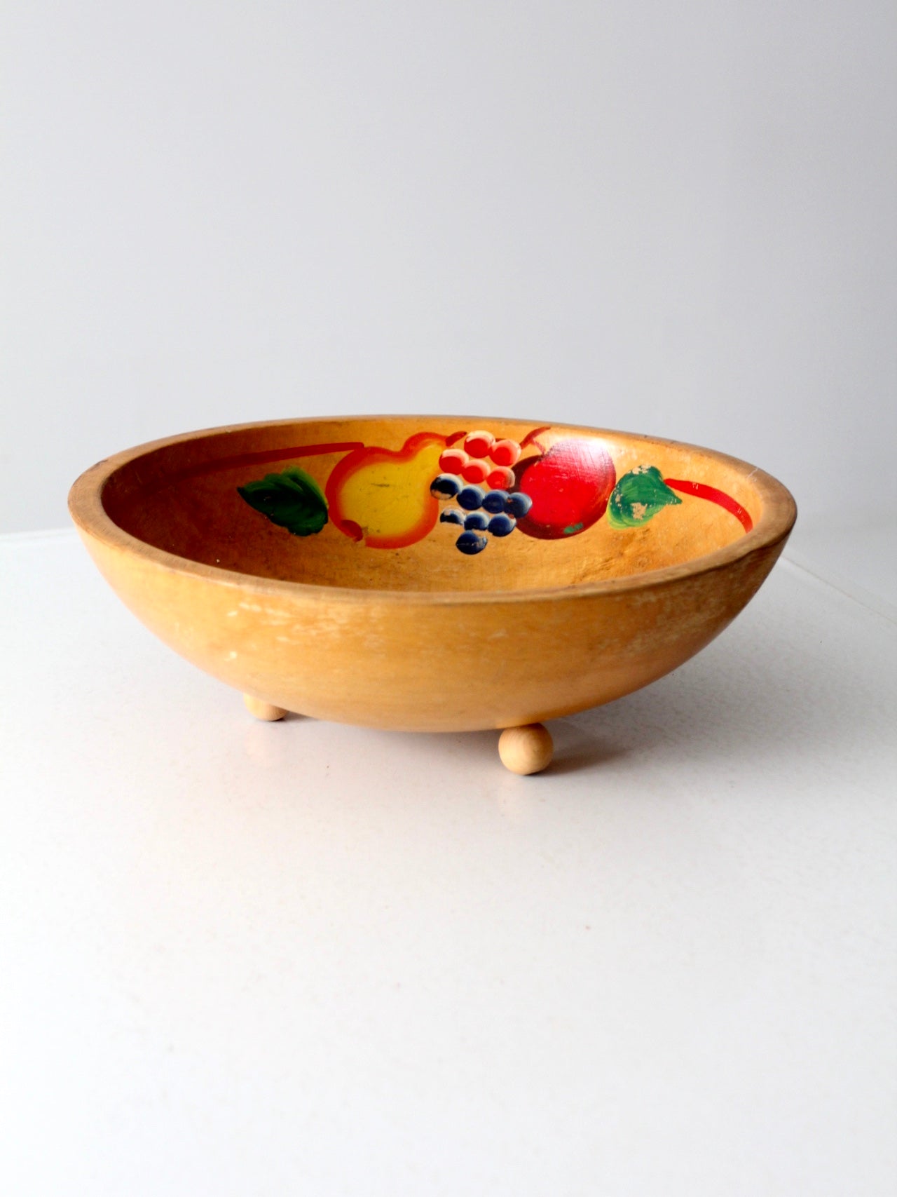 mid-century hand-painted wooden footed bowl