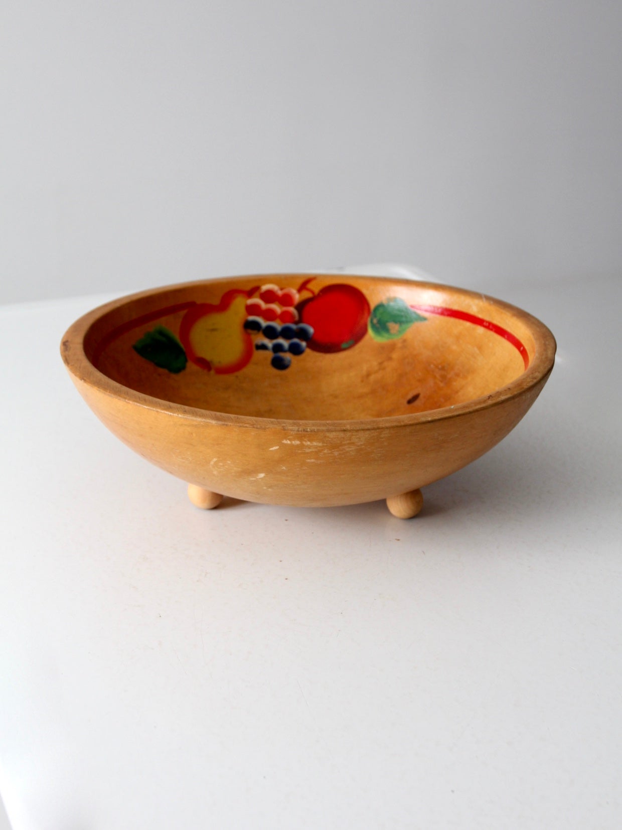 mid-century hand-painted wooden footed bowl